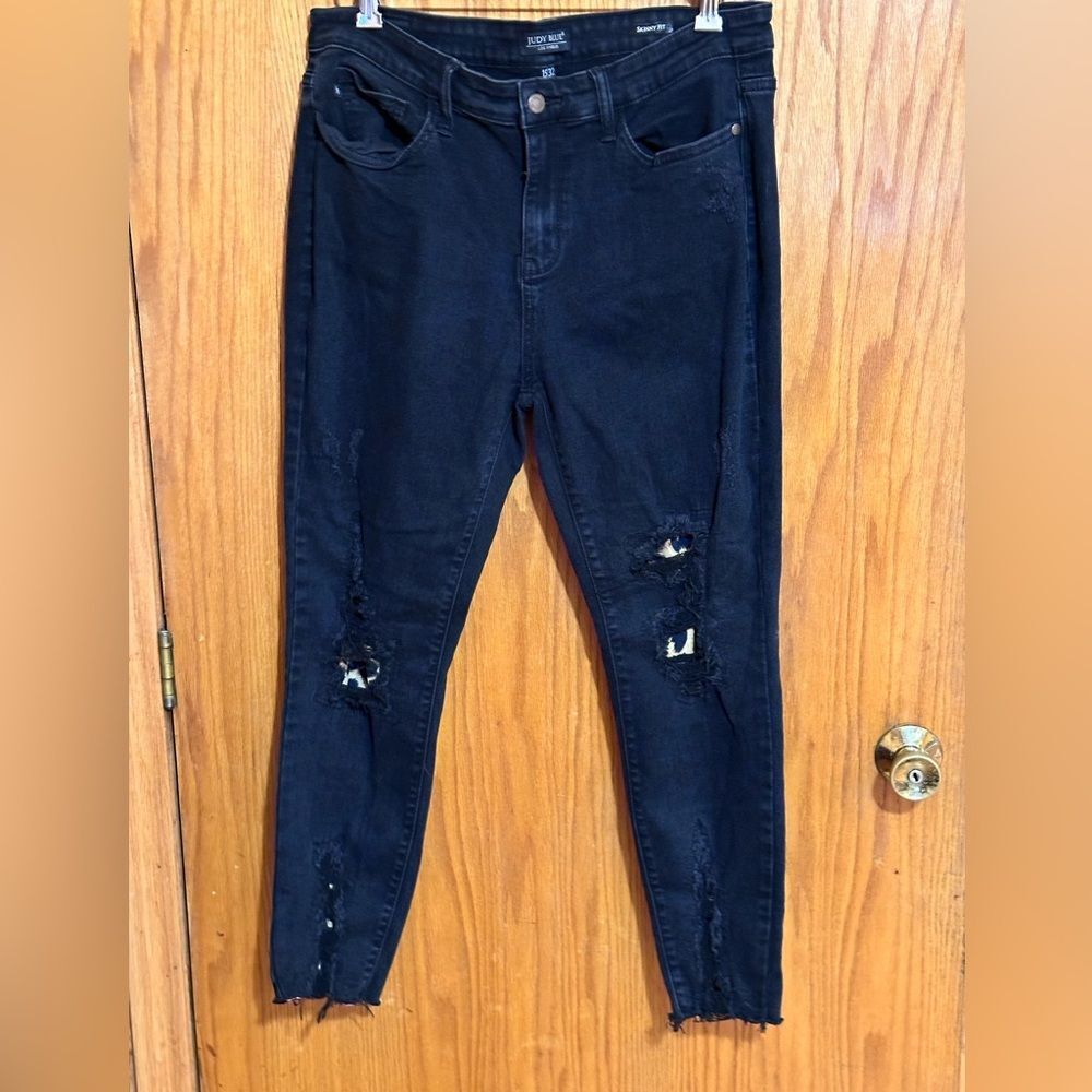 Judy Blue black stretch jeans sz 15 skinny fit‎ distressed cheetah print